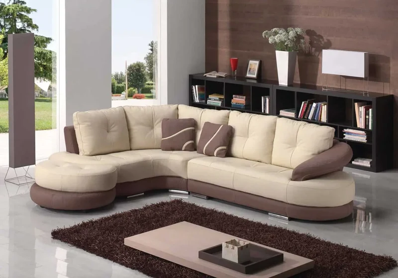 Canapé droit ou d'angle modulable en cuir crème et taupe - Tina