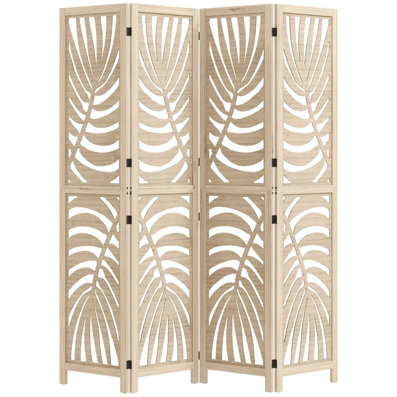 Paravent intérieur 4 panneaux 160 x 170 cm pliable et amovible motif feuille palmier design contemporain en bois naturel 21_0001383