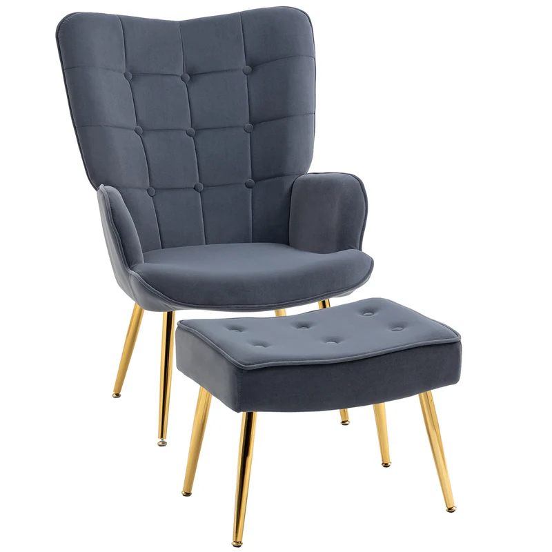 Fauteuil avec repose-pied salon dossier haut capitonné 71 x 77 x 99 cm assise large confort design en velours gris foncé 21_0003121