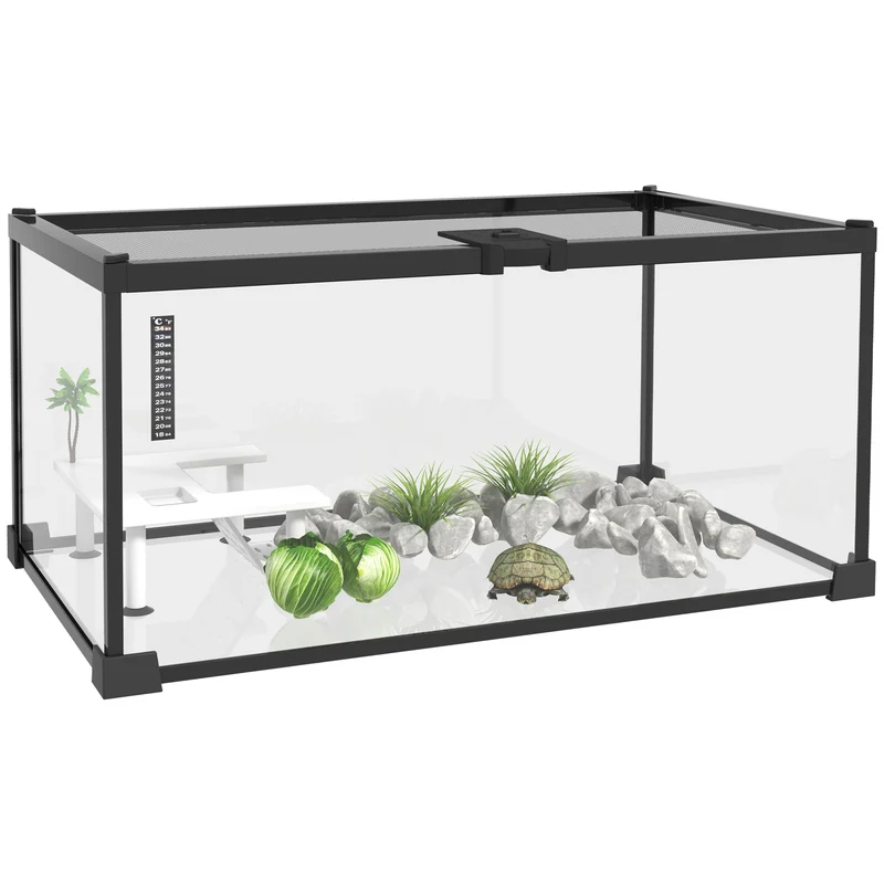 Boîte à reptiles terrarium 50 x 30 x 25 cm bonne ventilation thermomètre inclus design minimaliste en verre trempé noir 21_0007830