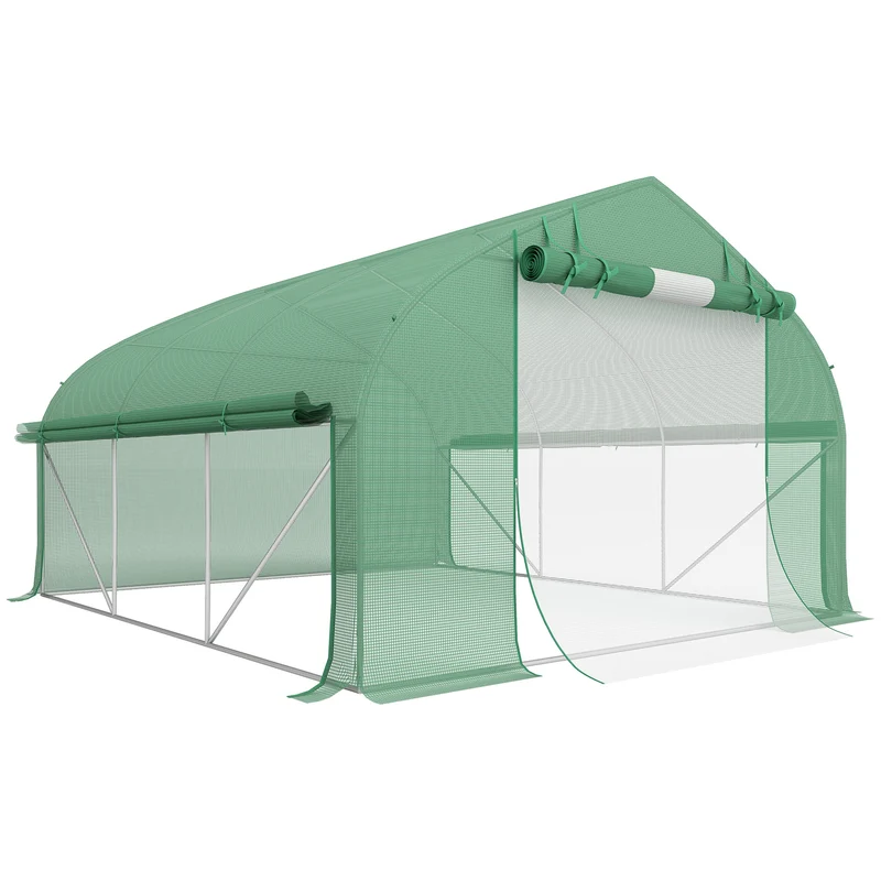 Serre tunnel de jardin 347 x 300 x 200 cm anti uv ventilation réglable porte zippée contemporain en polyéthylène vert 21_0004276