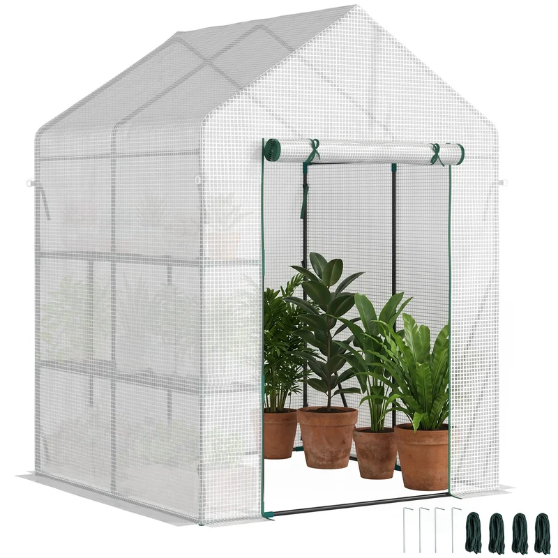 Serre de balcon 143 x 143 x 195 cm 2 étagères latérales porte zippée contemporain épuré jardin en polyéthylène blanc 21_0004250