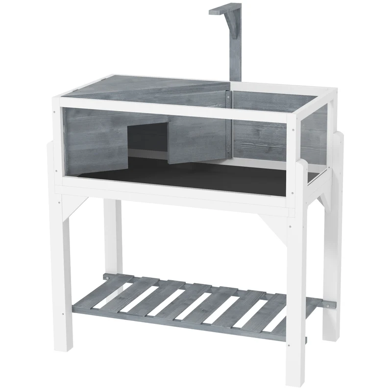 Maison pour tortue terrarium sur pieds 84,5 x 47,5 x 90 cm 2 compartiments support lampe style scandinave en bois gris 21_0007847