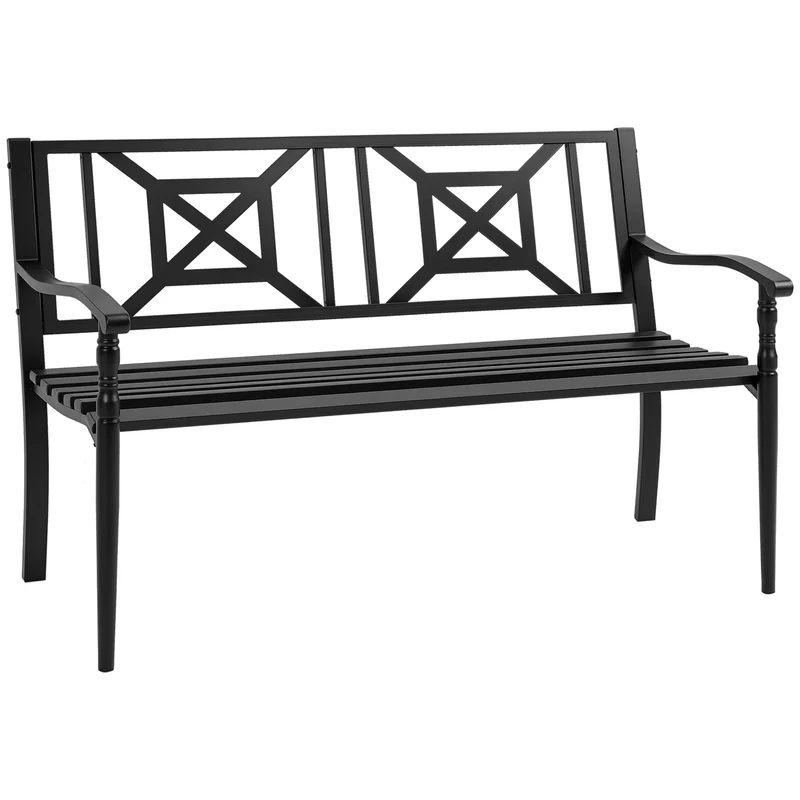 Banc de jardin 2 places pour terrasse 128 x 62,5 x 81,5 cm assise à lattes accoudoirs design contemporain en acier noir 21_0004686