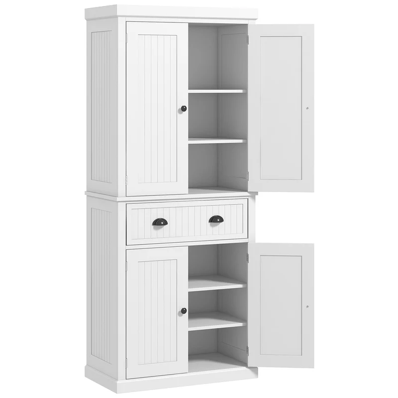 Armoire de cuisine multi rangements 76 x 40 x 183 cm étagères réglables tiroir large design contemporain en MDF blanc 21_0002164