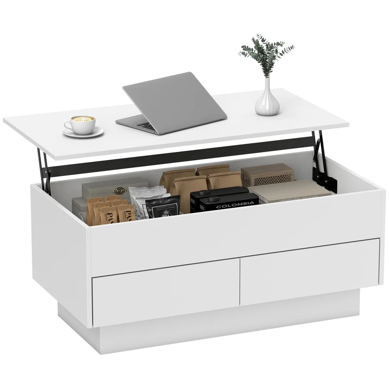 Table basse relevable salon 100 x 50 x 44 cm rangement caché et deux tiroirs minimaliste en panneau de particules blanc 21_0003596