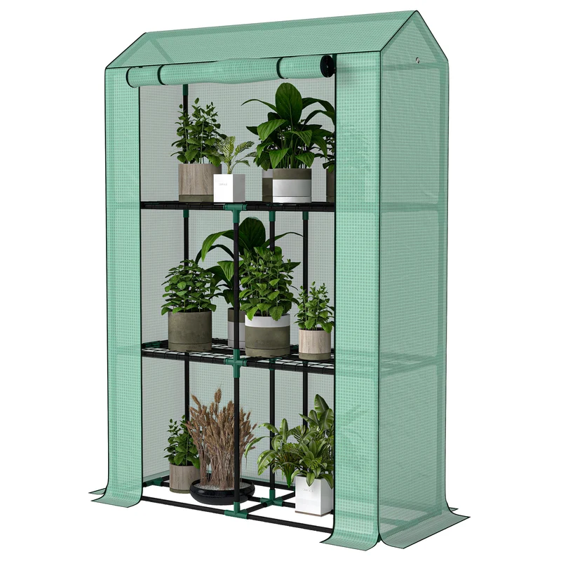 Serre de jardin trois niveaux 100 x 40 x 150 cm porte enroulable protection anti uv design moderne en polyéthylène vert 21_0005502
