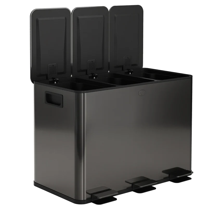 Poubelle de cuisine 3 compartiments 61,9 x 36,6 x 43,2 cm tri sélectif fermeture douce moderne en acier inoxydable noir 21_0005908