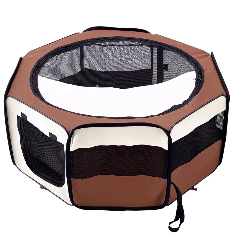 Parc enclos pliable octogonal pour chien chat 90 x 90 x 41 cm léger sécurisé style contemporain moderne en tissu marron 21_0007595