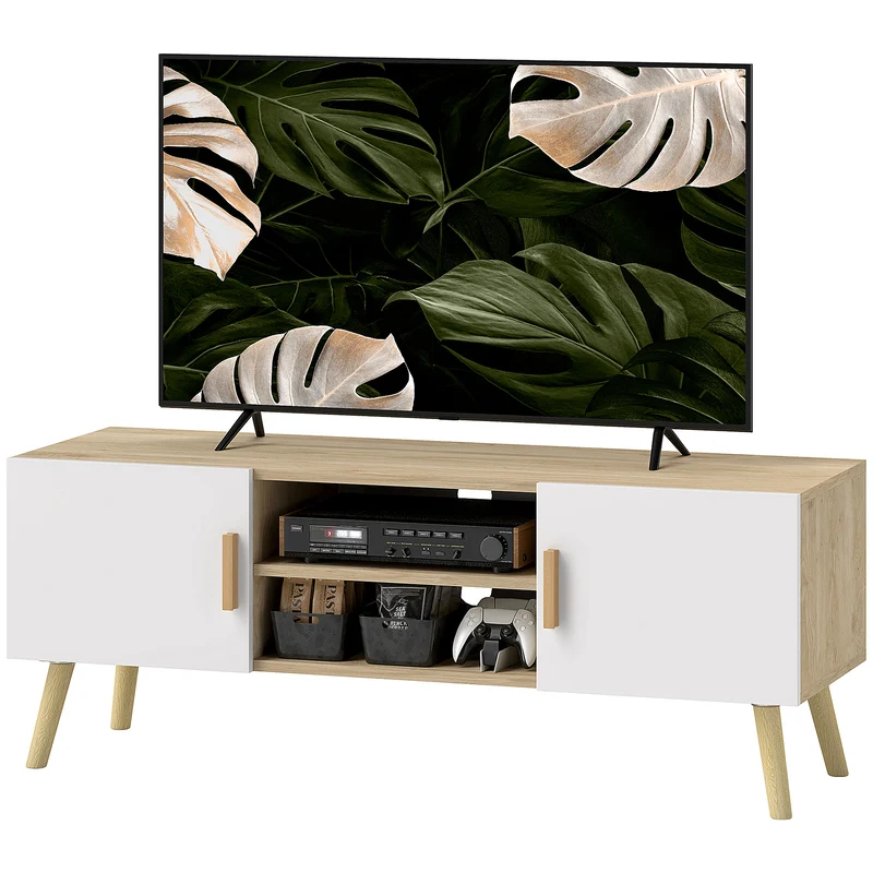 Meuble télé bas salon 110 x 36,2 x 42 cm rangement modulable passe-câbles deux placards style scandinave en MDF chêne 21_0003433