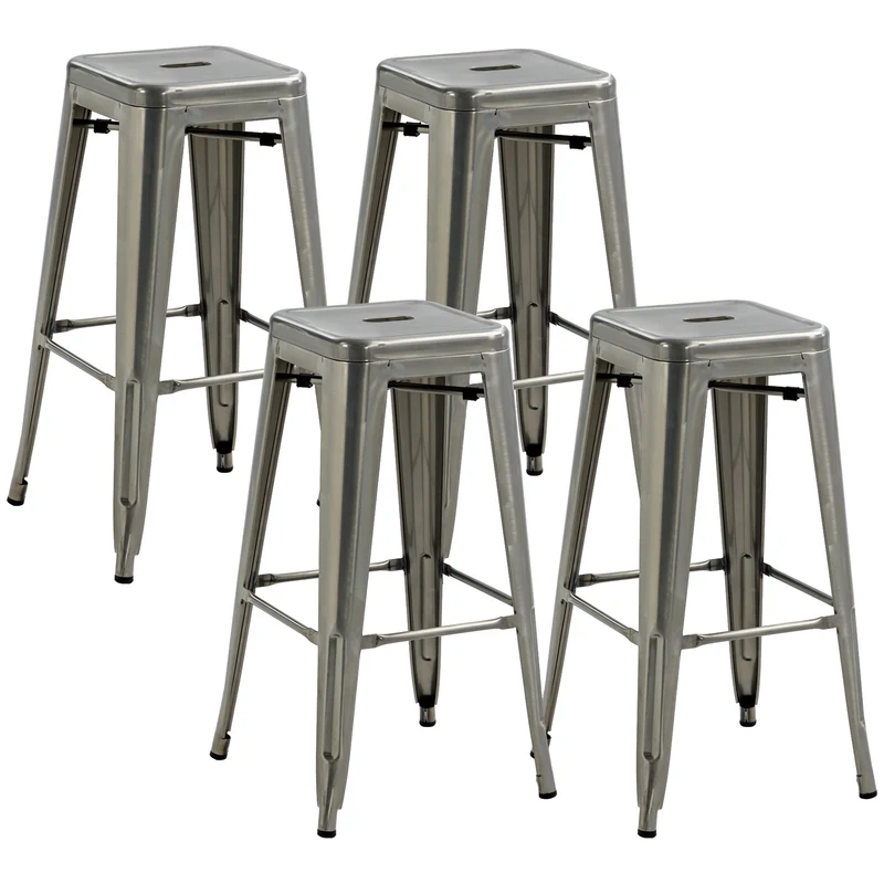 Lot de 4 tabourets de bar empilables pour cuisine 43 x 43 x 76 cm repose-pied confort industriel design en métal argent 21_0002190