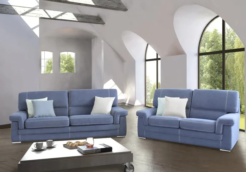 Canapé droit fixe en tissu bleu avec surpiqûres - Leia
