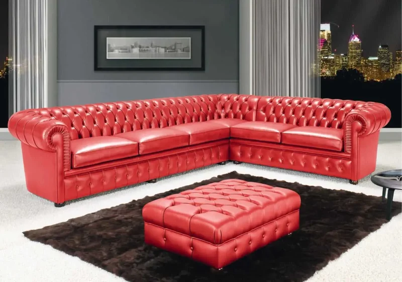 Canapé d’angle cuir capitonné rouge - CHESTERFIELD