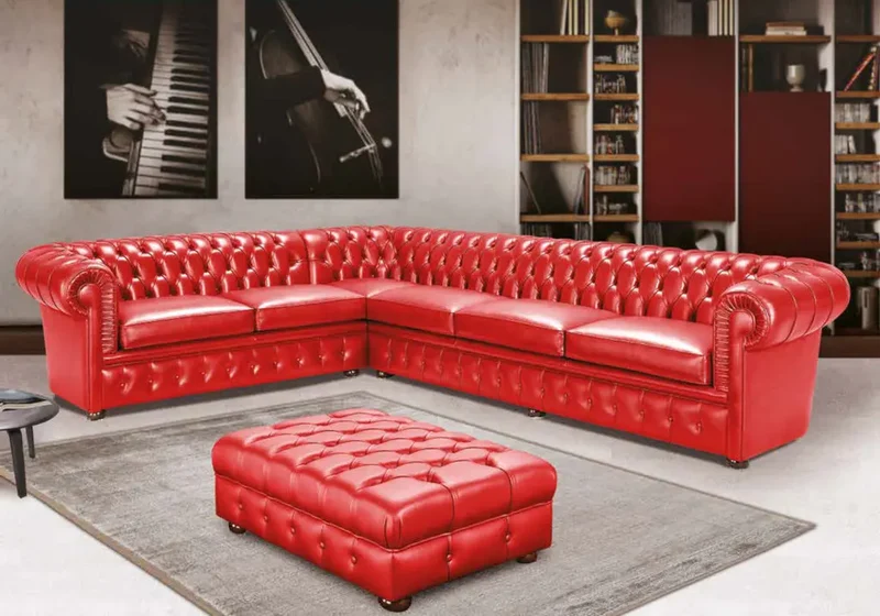 Canapé d’angle cuir capitonné rouge - CHESTERFIELD