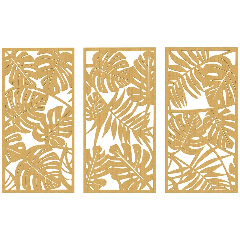 Ensemble de 3 décorations murales feuilles tropicales relief 40 x 0.9 x 80 cm salon entrée moderne en MDF bois naturel 21_0003709