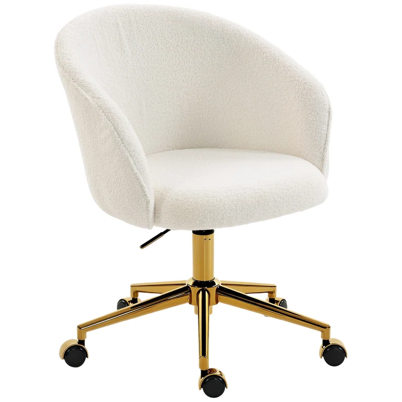 Chaise de bureau 58,5 x 60 x 76-86 cm pivotante 360° réglable moderne scandinave salon base dorée en polaire teddy crème 21_0006325