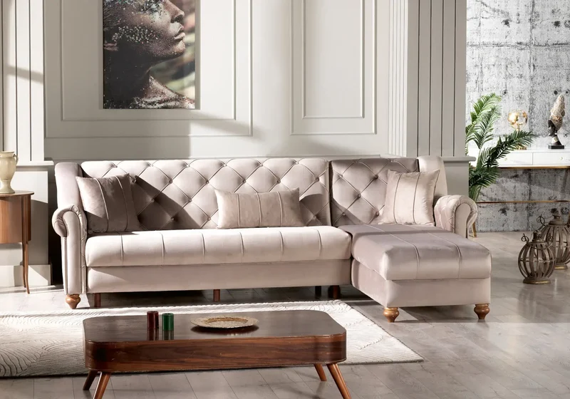 Canapé méridienne capitonné velours beige – MEVA