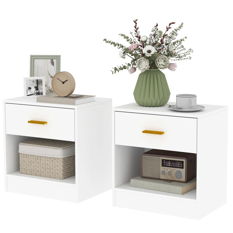 Lot de 2 tables de chevet 39 x 28 x 41 cm rangement tiroir et étagère moderne élégant en panneau de particules blanc 21_0001658