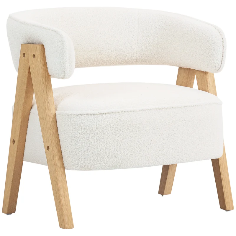 Fauteuil de salon dossier courbé 70 x 64 x 71 cm assise large rembourrée pieds bois scandinave en tissu bouclette blanc 21_0003585