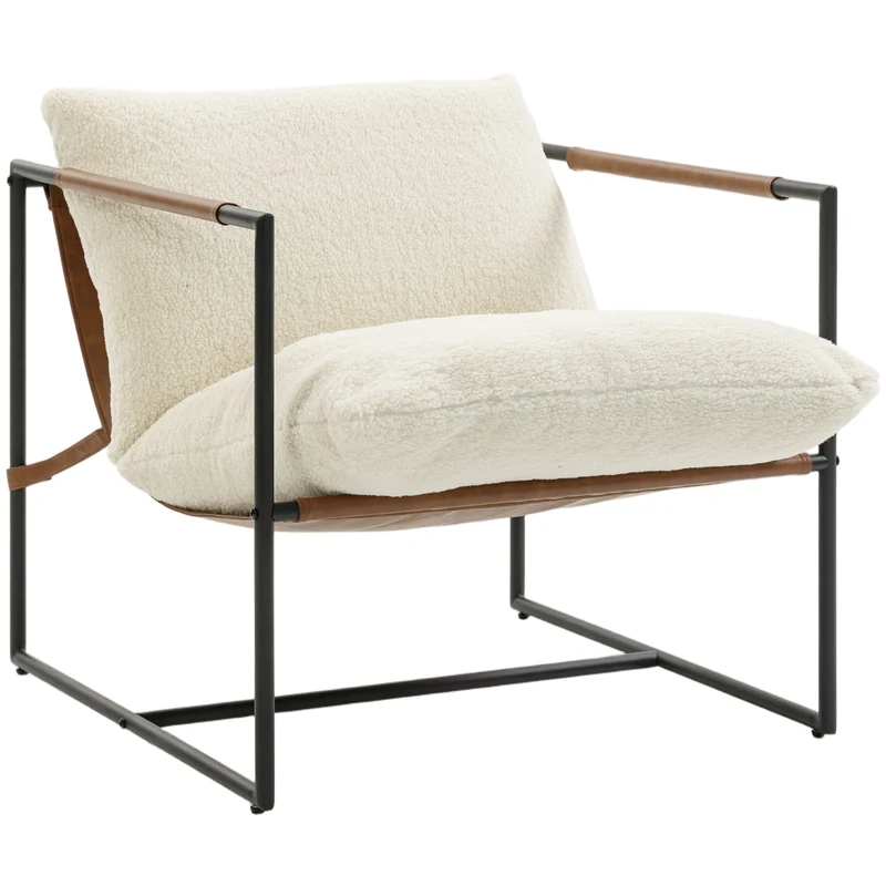 Fauteuil d'appoint salon 77 x 91 x 80 cm assise large 14 cm rembourrée confort moelleux design en tissu bouclette crème 21_0003541