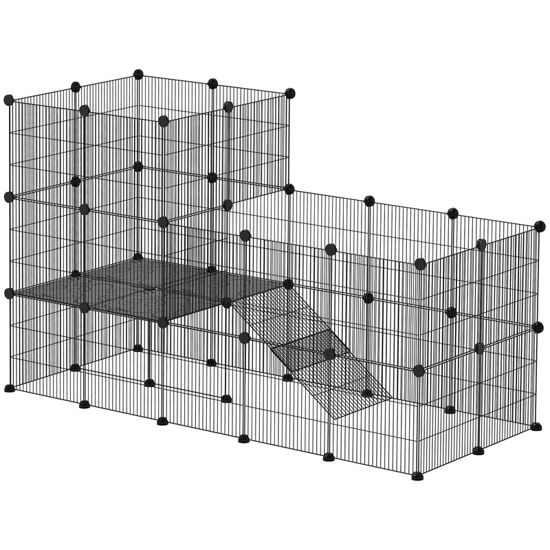 Enclos pour petits animaux modulable 2 niveaux 140 x 70 x 105 cm rampe intégrée barreaux serrés moderne en acier noir 21_0007999