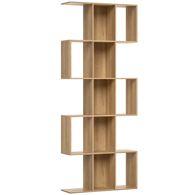 Bibliothèque en forme de s 80 x 24 x 200 cm 15 compartiments rangement gain de place moderne scandinave en MDF chêne 21_0002573