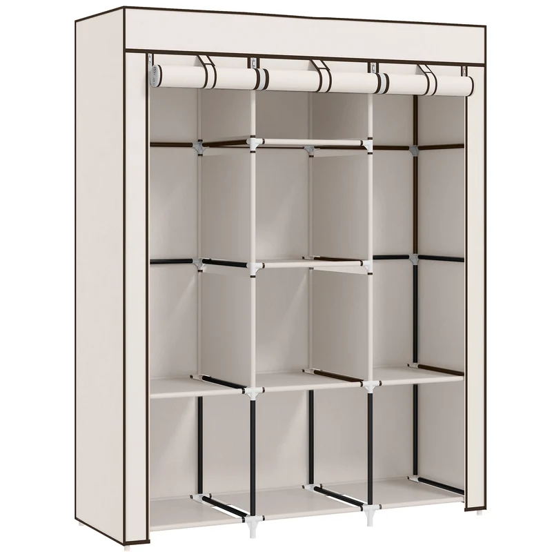 Armoire penderie 125 x 43 x 162,5 cm 8 étagères 2 barres anti poussière chambre moderne pratique en non tissé crème 21_0005816