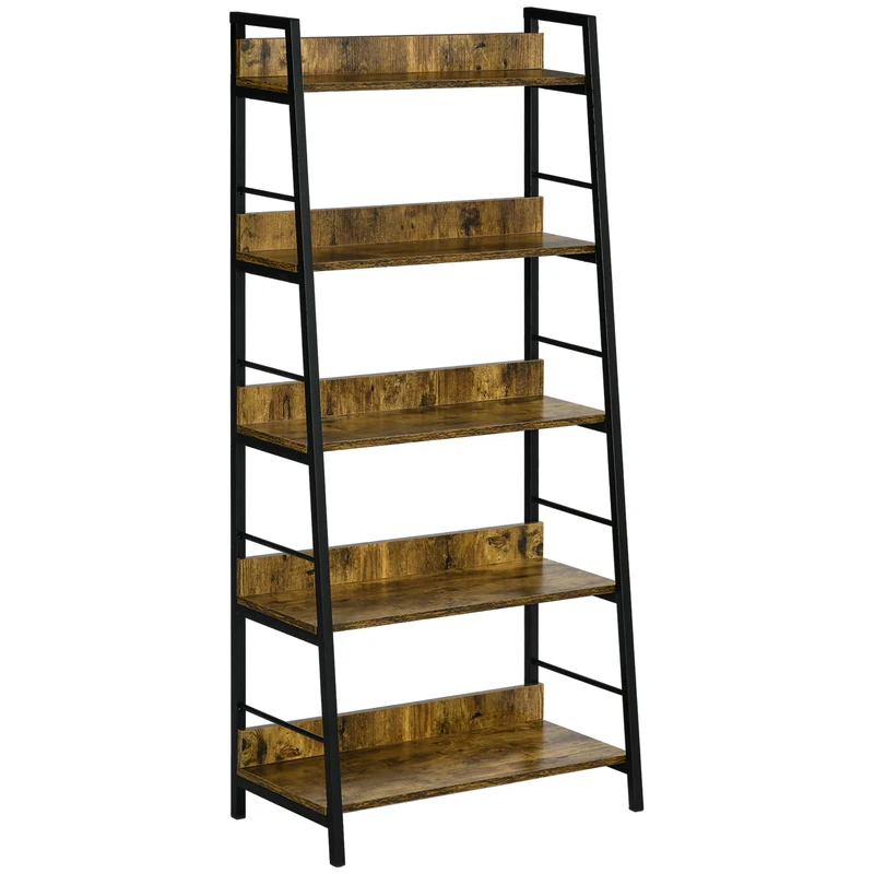 Étagère bibliothèque inclinée 5 niveaux 70 x 35 x 150 cm grand rangement pour salon industriel rustique en MDF marron 21_0002375