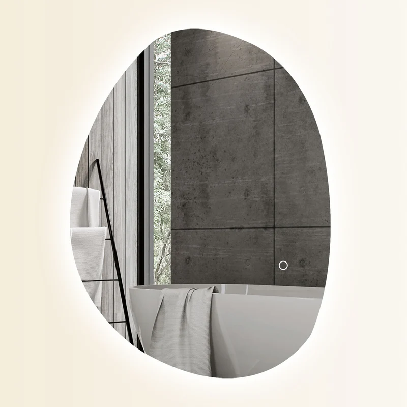 Miroir de salle de bain asymétrique mural 70 x 50 cm led réglable anti-buée design contemporain en verre trempé argent 21_0002053