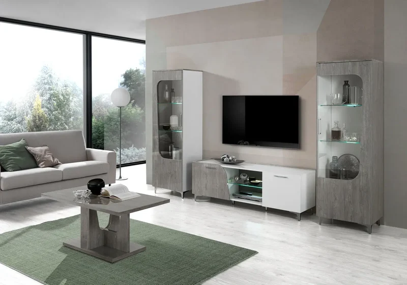 Mur TV chêne gris laqué led LIPARI