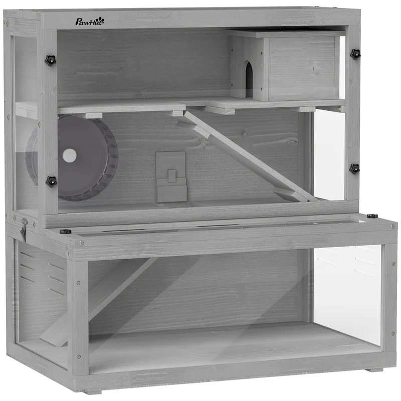 Cage pour hamster 3 niveaux 80 x 50 x 84 cm spacieuse panneau transparent idéale chambre design moderne en bois gris 21_0008014