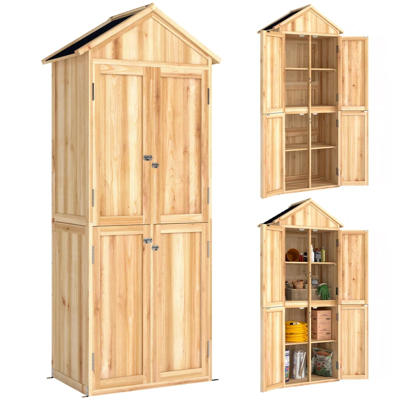 Armoire de jardin abri à outils 82 x 50 x 190 cm rangement 4 portes 2 étagères amovibles style rustique en bois naturel 21_0005653