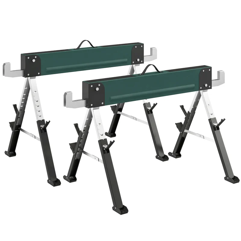 Lot de 2 tréteaux pliables chantier multiusage 116 x 64 x 64-81 cm charge 1160 kg portables industriel en métal vert 21_0007131