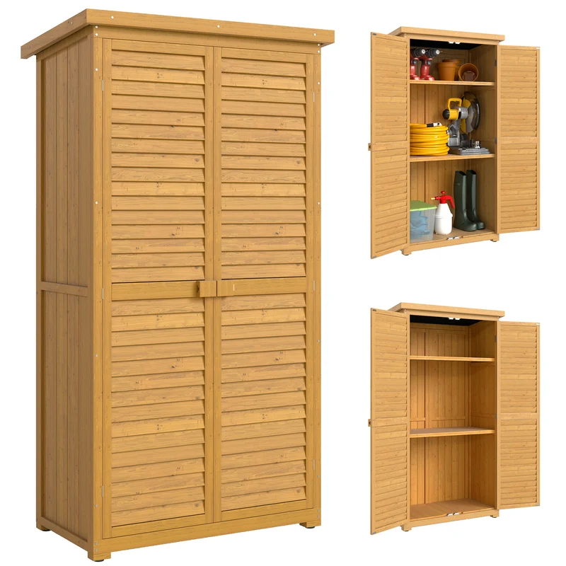 Armoire de jardin remise extérieure 87 x 47 x 160 cm 2 étagères portes persiennes ventilées rustique en bois naturel 21_0004126