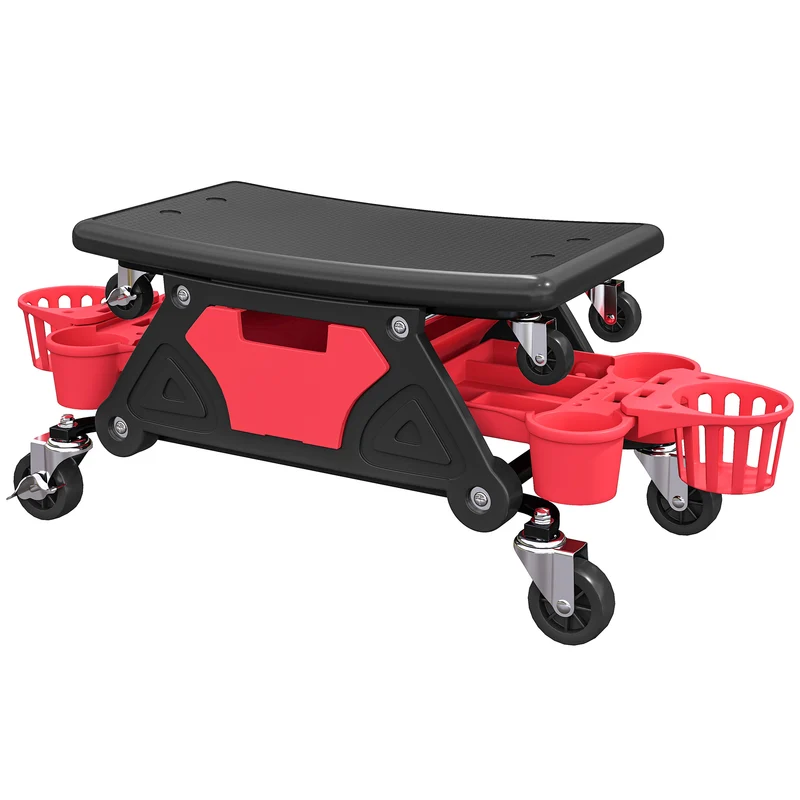 Tabouret d'atelier mobile 86 x 33 x 33 cm assise ergonomique roulettes 360° rangement style industriel en plastique rouge 21_0007179