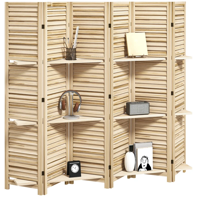 Paravent intérieur 6 panneaux séparateur pliable stable 240 x 1,9 x 170 cm avec 3 étagères style rustique en bois naturel 21_0001228