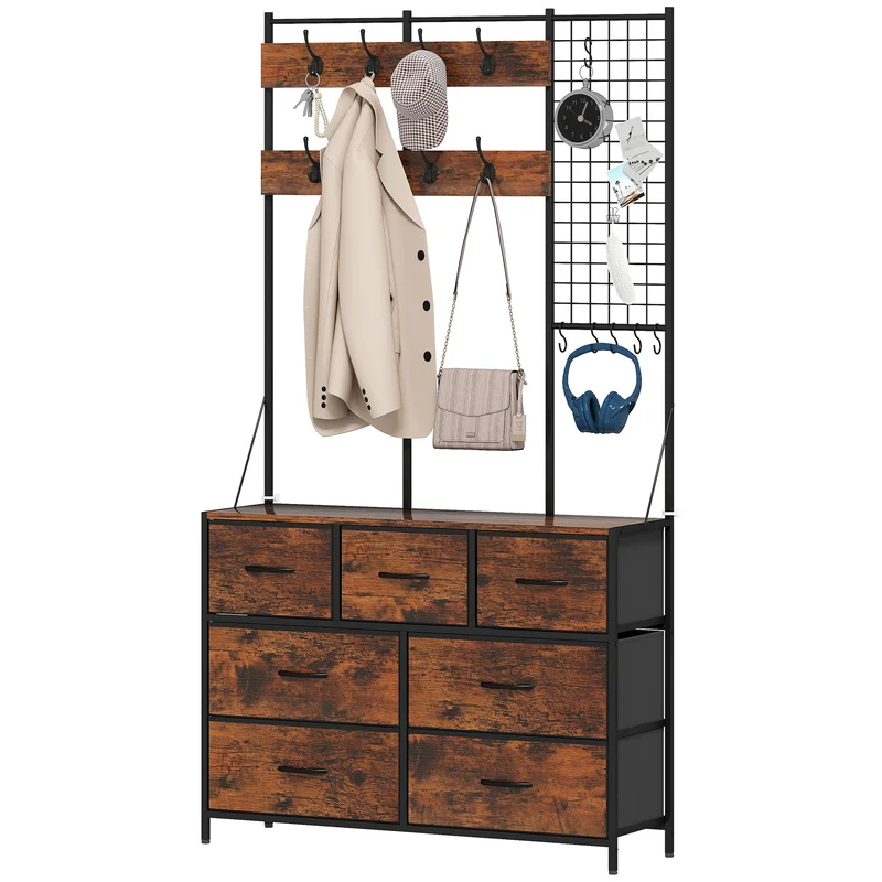 Meuble d'entrée vestiaire 100 x 30 x 183 cm rangement 7 tiroirs compact industriel en panneau de particules brun rustique 21_0002778