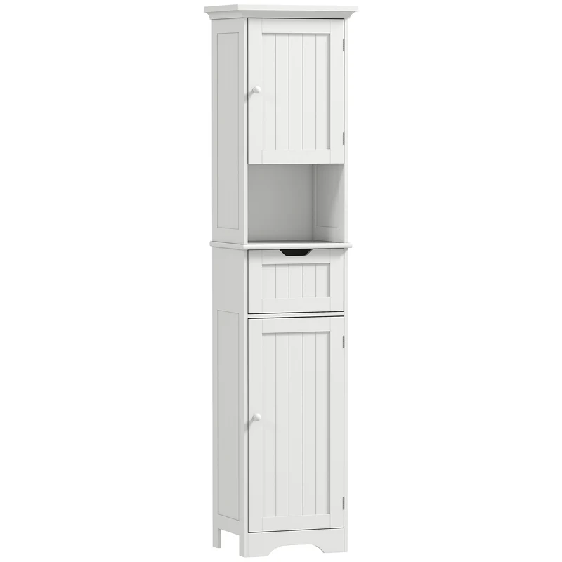 Meuble colonne salle de bain 40 x 30 x 170 cm éclairage led détecteur rangement slim tiroir compact moderne en MDF blanc 21_0002129