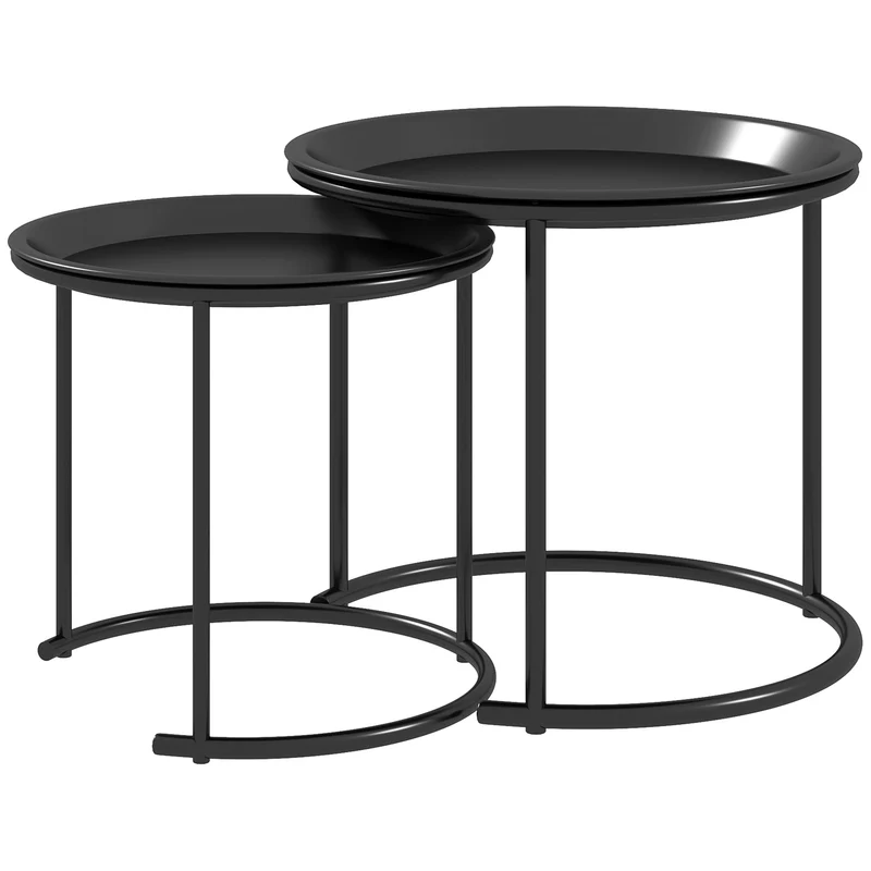 Lot de 2 tables basses gigognes rondes encastrables 43 x 38 cm et 35 x 34 cm plateaux amovibles industriel en acier noir 21_0003144
