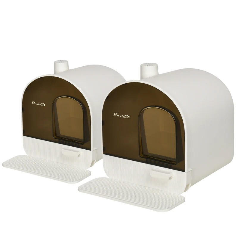 Lot de 2 bacs litière fermés porte battante 43 x 44 x 47 cm nettoyage facile filtre charbon style épuré en PP blanc 21_0007817
