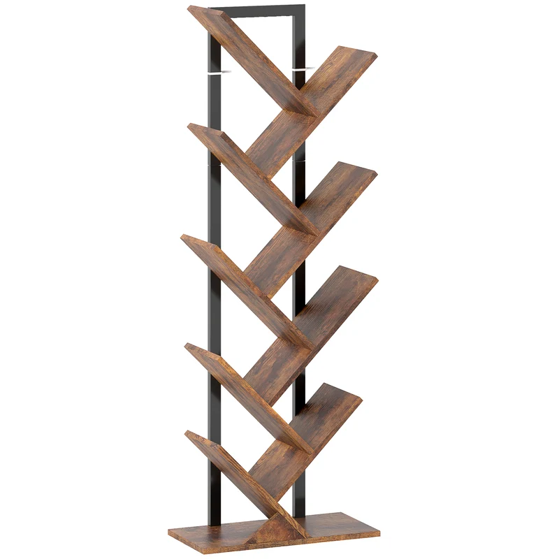 Bibliothèque en forme d'arbre 50 x 24 x 136 cm 8 étagères kit anti-basculement industriel en panneau de particules brun 21_0002543