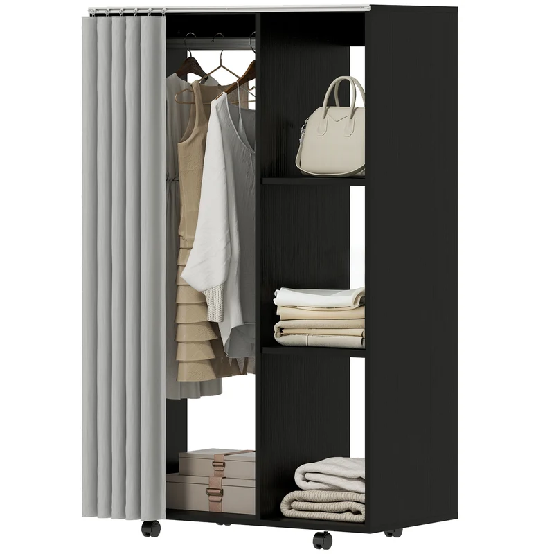 Armoire penderie sur roulettes 80 x 40 x 128 cm avec rideau et tringle stable contemporain en panneau de particules noir 21_0001650