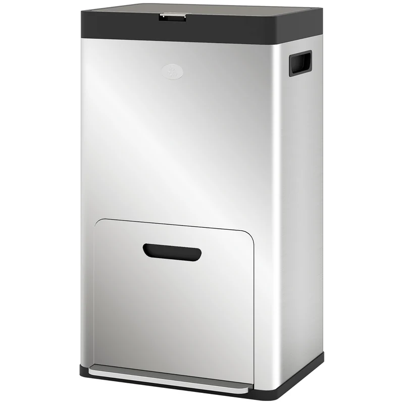 Poubelle rectangulaire cuisine 45.7 x 35.8 x 76 cm tri 3 compartiments fermeture douce épuré en acier inoxydable argent 21_0005921