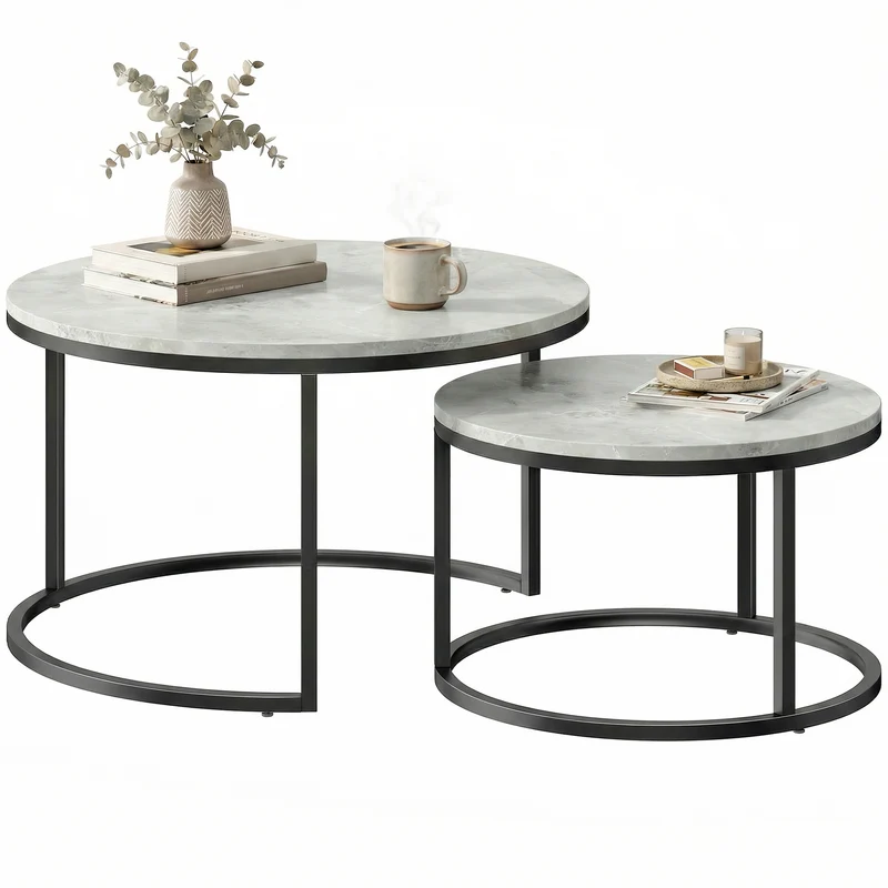 Lot de 2 tables basses gigognes empilables 78.5 x 78.5 x 46.5 cm gain de place style moderne salon chambre en MDF gris 21_0001814
