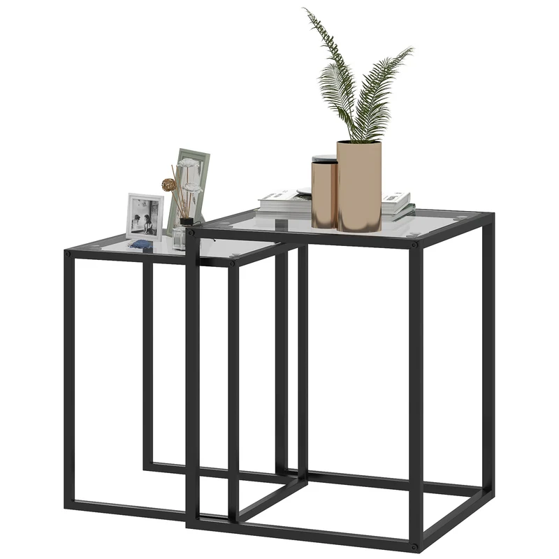 Lot de 2 tables basses gigognes emboîtables 42 x 42 x 51 cm et 33 x 33 x 45.5 cm salon design épuré en verre trempé noir 21_0003146