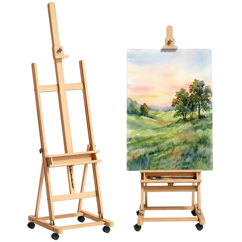 Chevalet d'art pliable sur roulettes 50,5 x 53 x 238 cm hauteur réglable pour toiles 118 cm contemporain en bois naturel 21_0006108