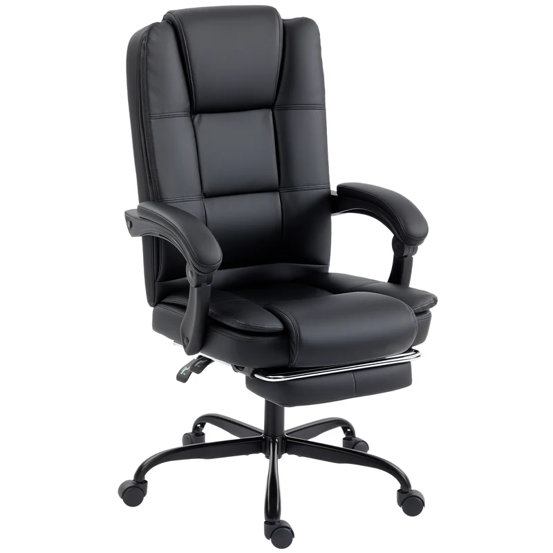 Chaise de bureau ergonomique inclinable 65 x 67 x 112-122 cm repose-pieds rétractable assise 12 cm moderne en PU noir 21_0006337