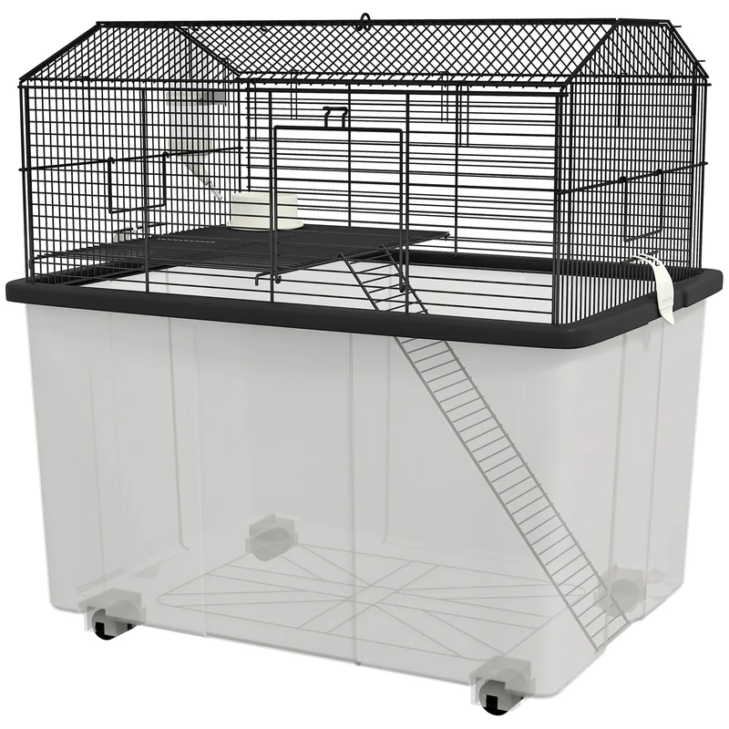 Cage pour hamster 2 étages 57 x 43 x 57 cm plate-forme rampe adaptée hamsters nains salon design moderne en acier noir 21_0007986