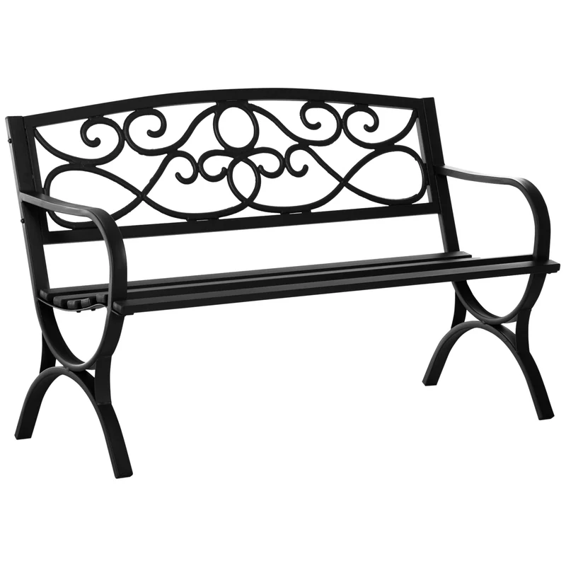 Banc de jardin 2 places épuré contemporain dossier incliné 128 x 58.5 x 85 cm assise à lattes drainante en acier noir 21_0004687