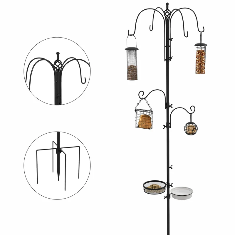 Station d'alimentation oiseaux sur pied jardin 58 x 58 x 226 cm 6 crochets 4 mangeoires réglable rustique en acier noir 21_0007601